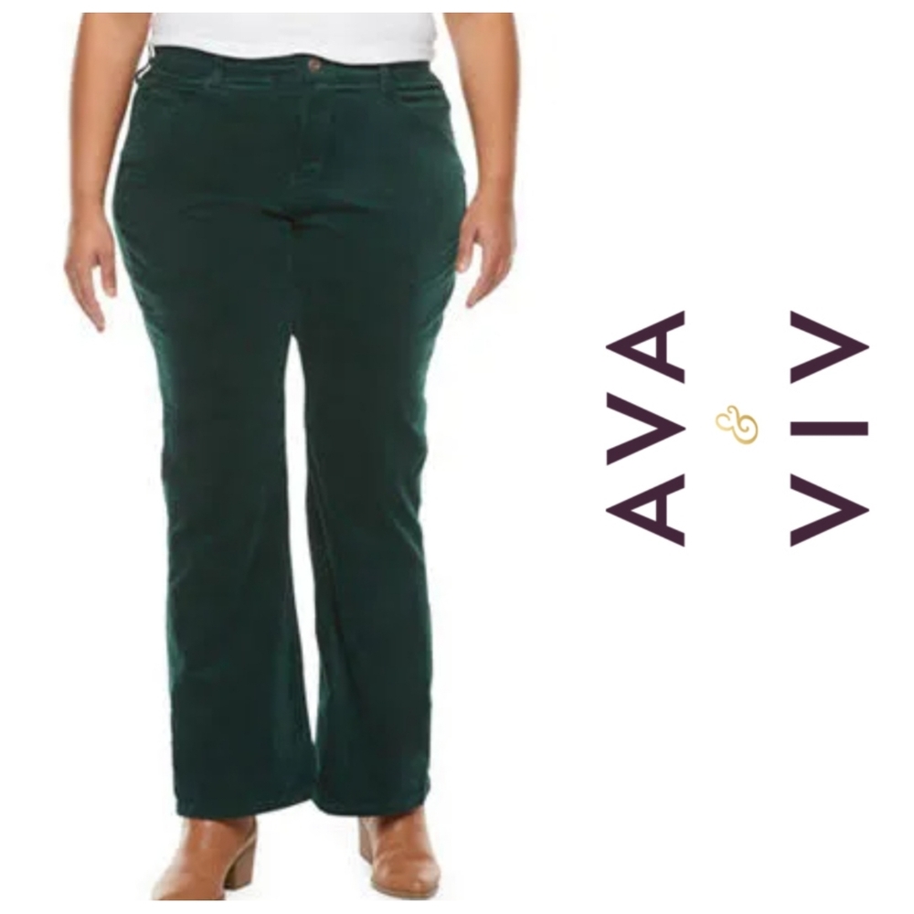 Ava & Viv Plus Size Green Corduroy Pants Mid Rise Straight Leg Forest Green 18W - Picture 1 of 6
